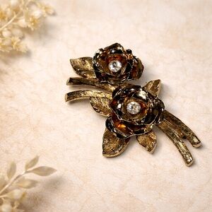 Vintage MCM Signed Maker Mark Coro gold-tone Rhinestone Rose Branch Pin Brooch